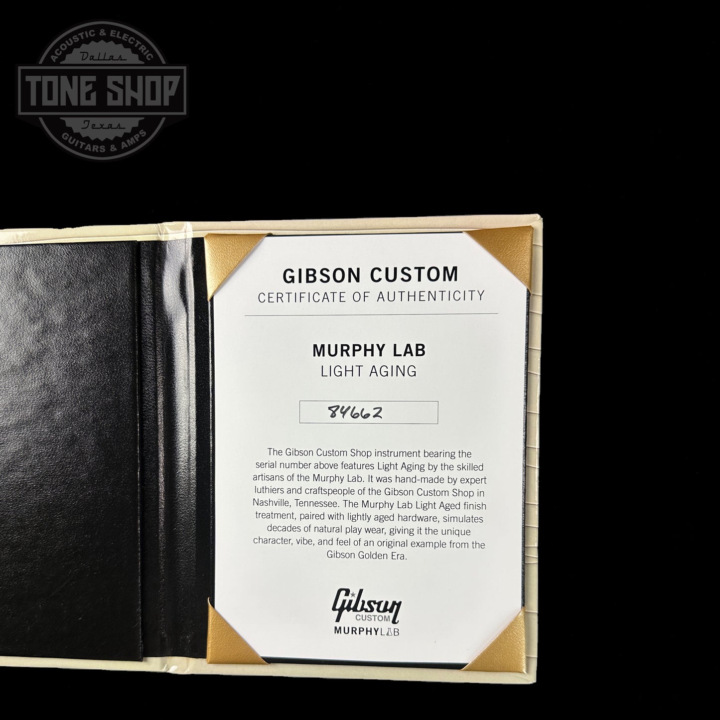 Certificate of authenticity for Gibson Custom Shop M2M 1958 Les Paul Chambered Murphy Lab Light Aged Lemon Burst.
