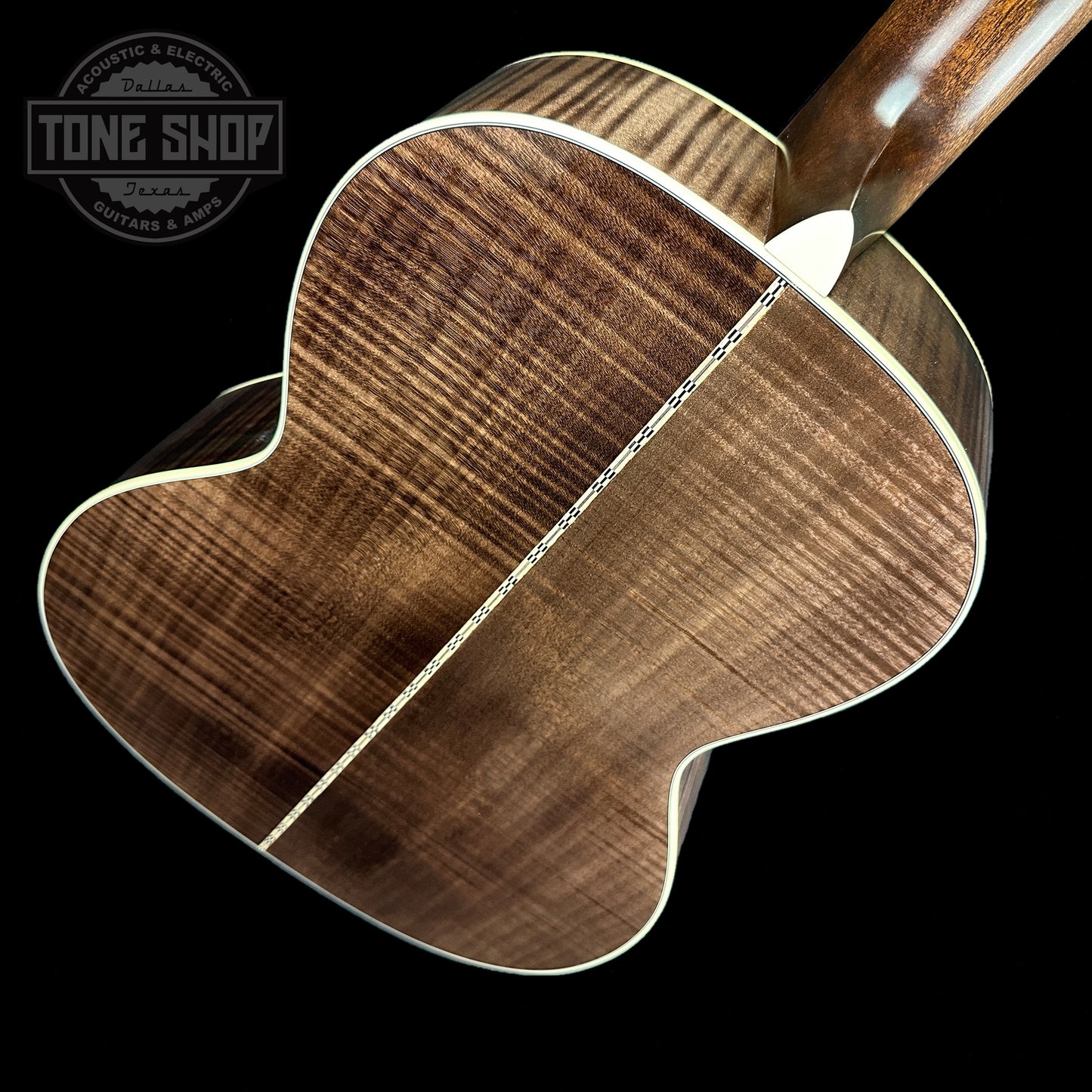 Back angle of Martin Custom Shop 000-12F Adirondack/Pacific Big Leaf Quilted Maple.