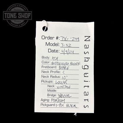 Spec sheet for Nash T-52 Butterscotch Blonde Ash/Mp Medium Aging.