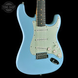 Front angle of Used 2026 Fender Vintera III 60's Strat Daphne Blue.