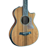 Wooden acoustic guitar with a cutaway design on a white background