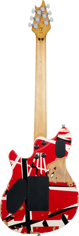 Back of EVH Limited Edition Wolfgang Special Striped Series Red Black and White Aged on a white background