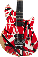 Electric Guitar with a distinctive red and black Stripes on a worn body.