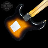 Back angle of Fender Custom Shop LTD 70th Anniversary 1954 Stratocaster Journeyman Relic 2-Color Sunburst.