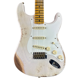 Front of Fender Custom Shop Time Machine '57 Strat Heavy Relic Aged White Blonde.
