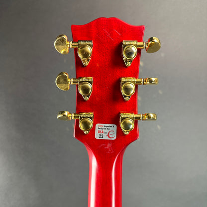 Back of headstock of Used Epiphone "Inspired by Gibson" Custom 1959 ES-355 Cherry Red.