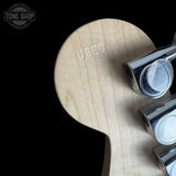 Close up of headstock of Used 2025 Squier FSR Sonic Stratocaster HTH Lime Green TSS7413.
