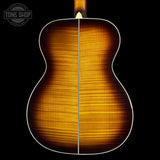 Back of Martin Custom Shop 28 Style OM Adirondack/Pacific Big Leaf Flamed Maple Ambertone.