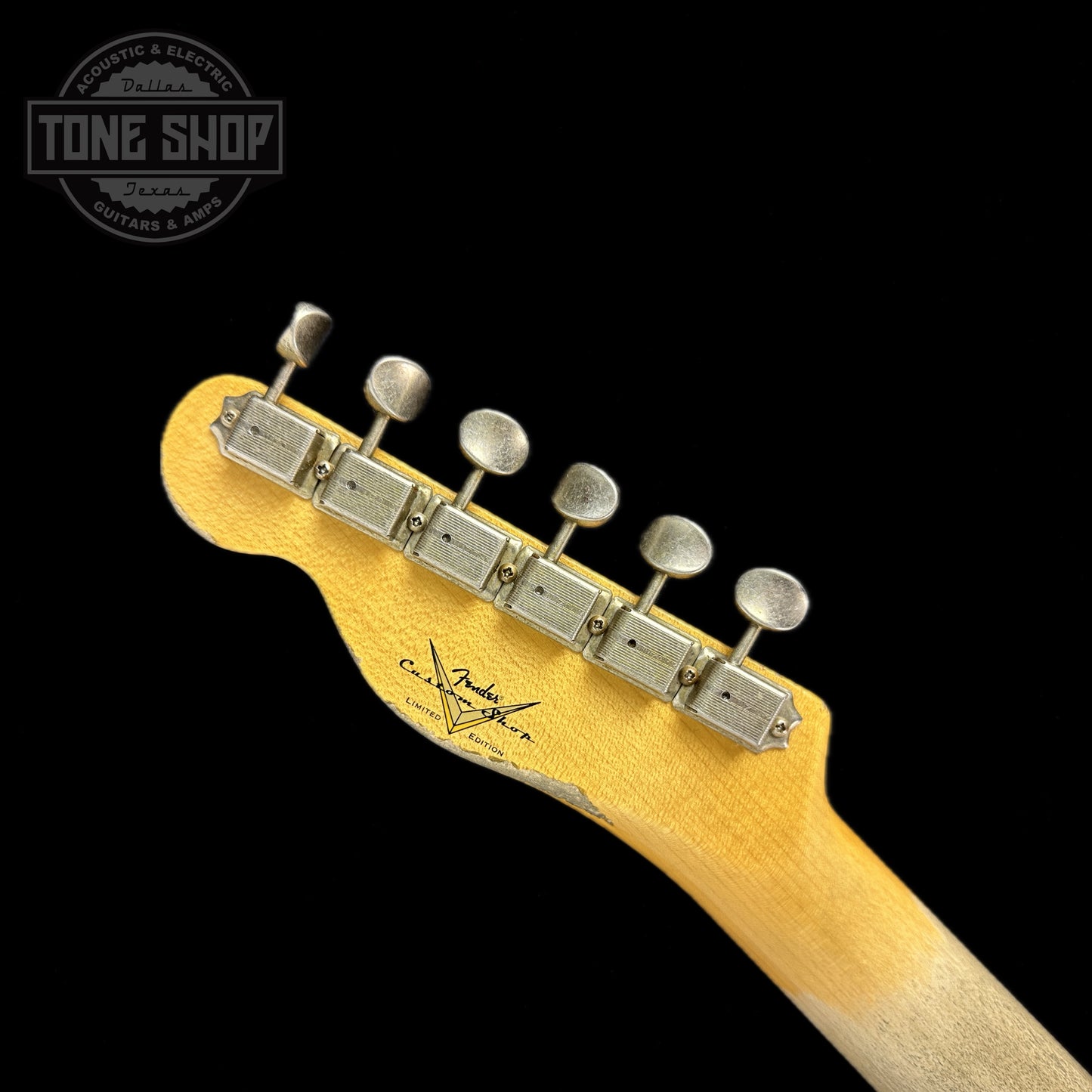Back of headstock of Fender Custom Shop Limited Edition Reverse 60 Tele Custom Heavy Relic 3 Color Sunburst.