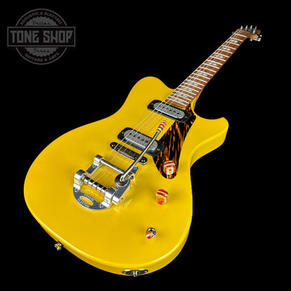 Front angle of Powers Electric A-Type Saffron Yellow Metallic FF42 Pearloid.