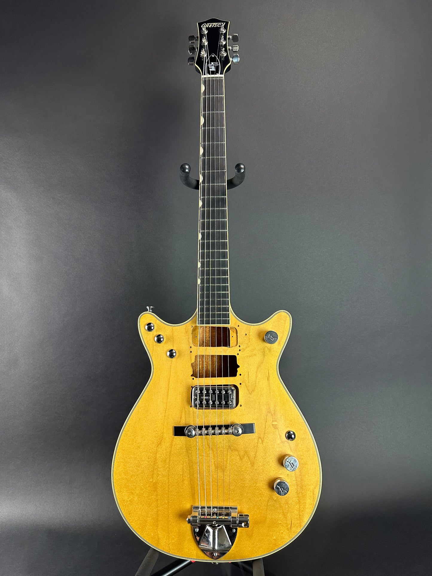 Full front of Used Gretsch G6131T-MY Malcolm Young Signature Jet Ebony Fingerboard Natural.