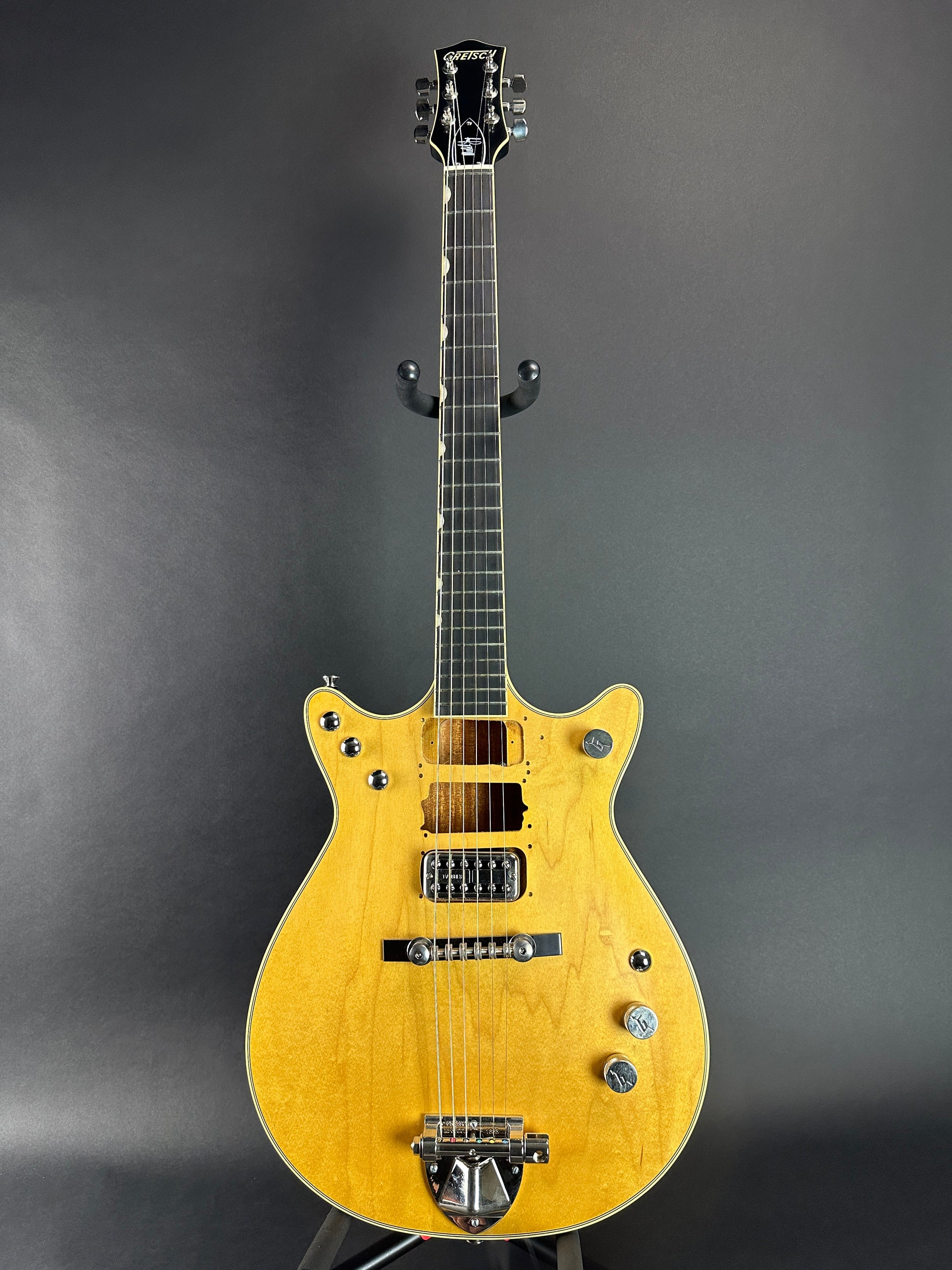 Full front of Used Gretsch G6131T-MY Malcolm Young Signature Jet Ebony Fingerboard Natural.