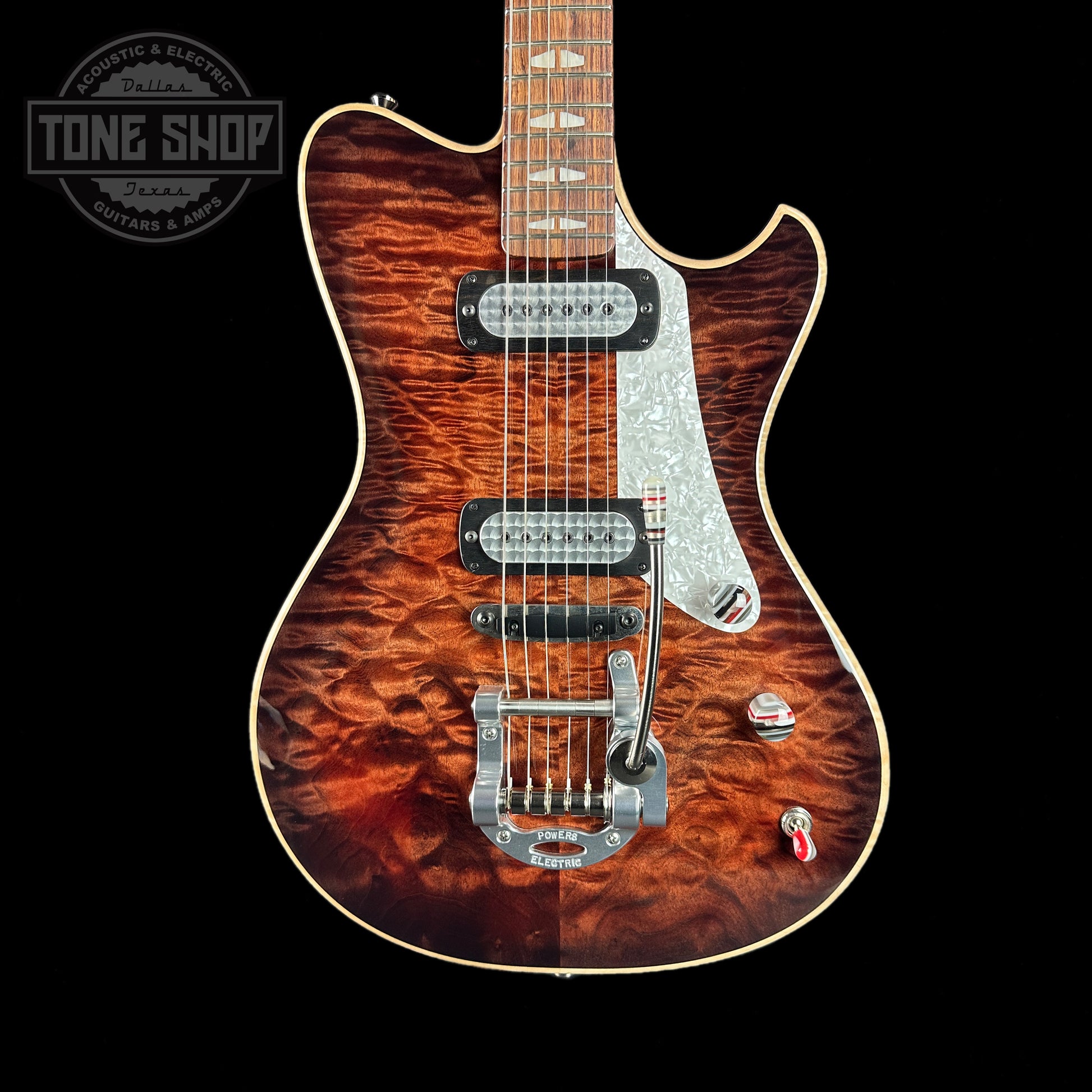 Front of body of Powers Electric A-Type Select Quilt Top Wild Cabernet Pearloid Pickguard FF42.