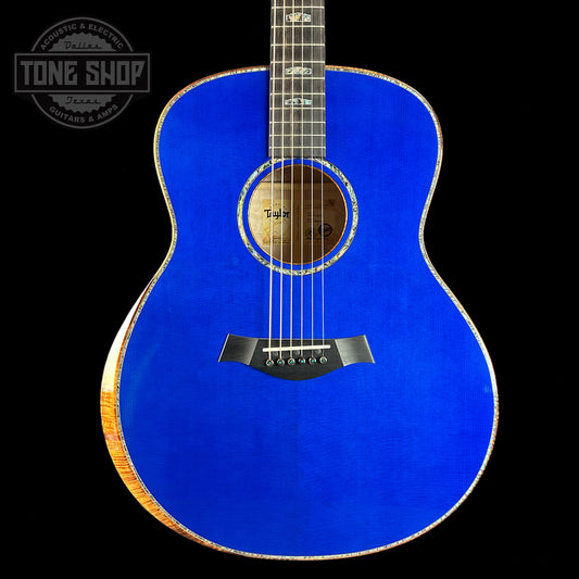 Front of body of Taylor Custom #3: C18e Grand Orchestra Lutz Spruce/Quilted Maple Royal Blue.
