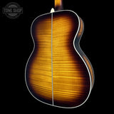 Back angle of Martin Custom Shop 28 Style OM Adirondack/Pacific Big Leaf Flamed Maple Ambertone.