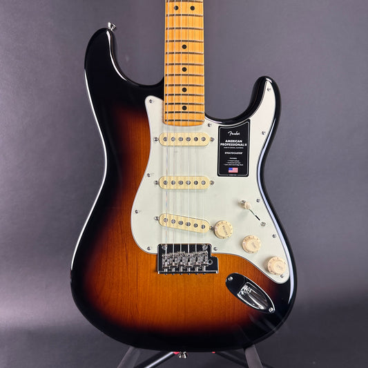 Front of Used 2023 Fender American Pro II Stratocaster Maple 2 Tone Sunburst.