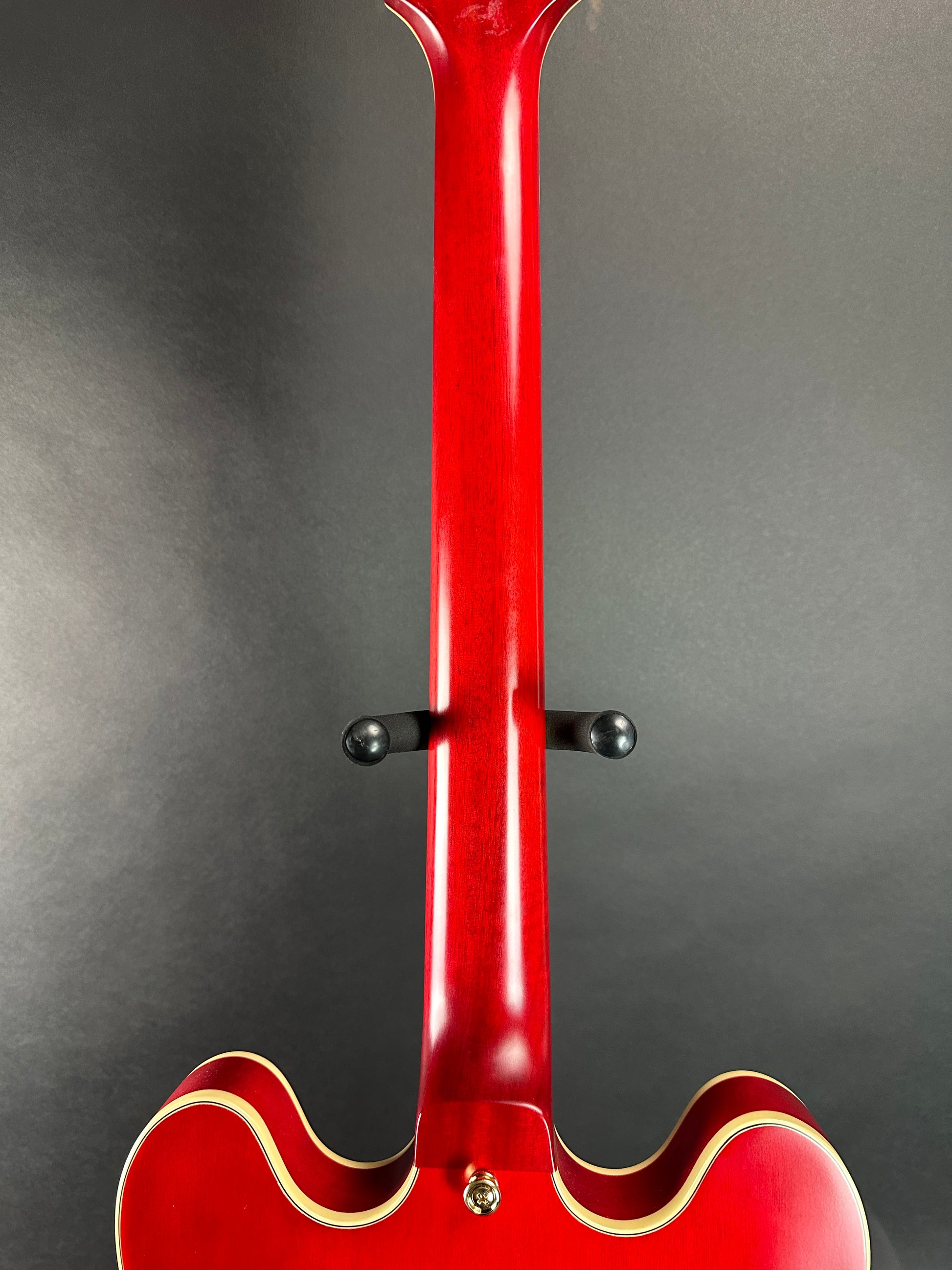 Back of neck of Used Epiphone "Inspired by Gibson" Custom 1959 ES-355 Cherry Red.
