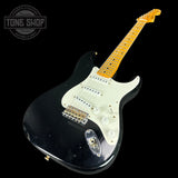 Front angle of Fender 1956 Stratocaster Journeyman Relic Maple Neck Aged Black.