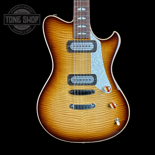 Front of body of Powers Electric A-Type Select Maple Solana Sunset FF42 Pearl Delrin Warm.