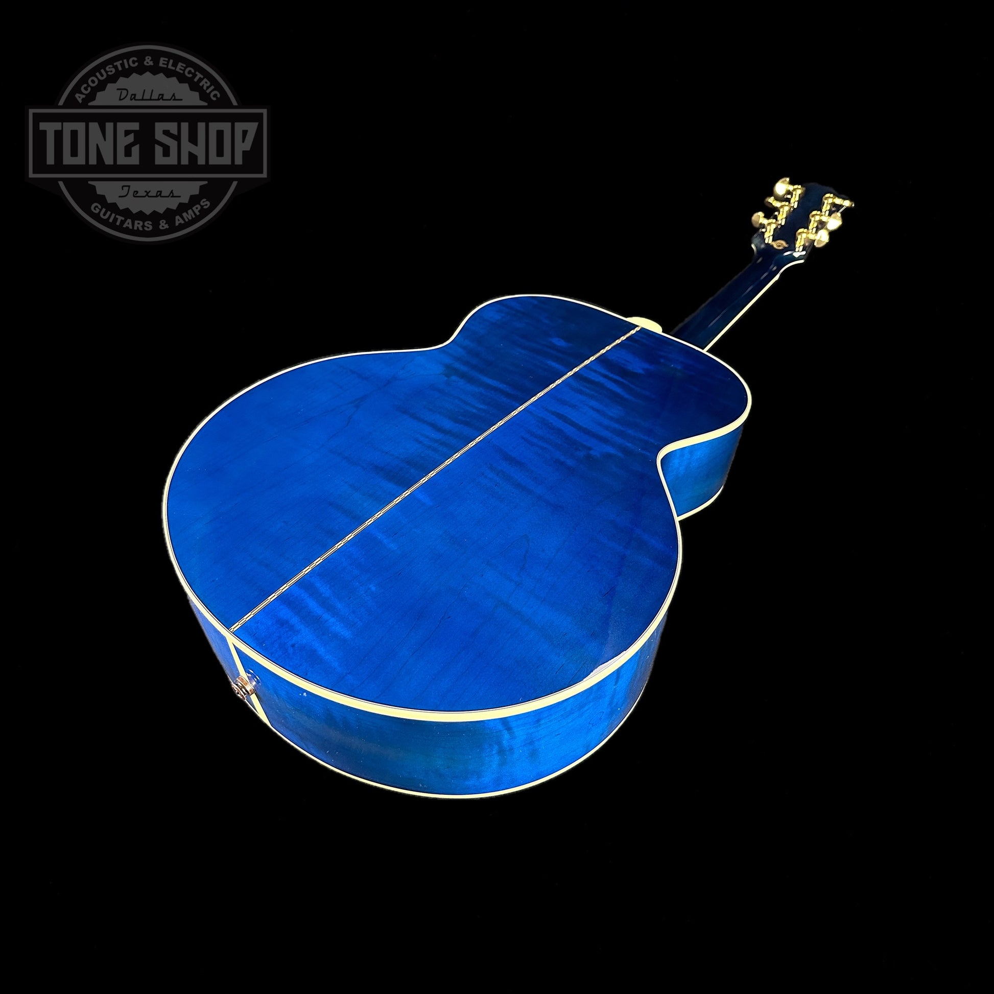 Back angle of Gibson Custom Shop M2M SJ-200 Standard Viper Blue.