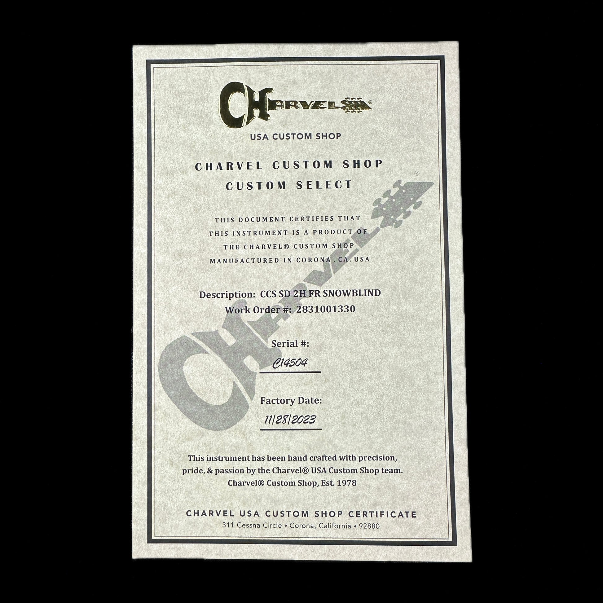 Certificate of authenticity for Charvel Custom Shop Limited Edition San Dimas Nos Snowblind.