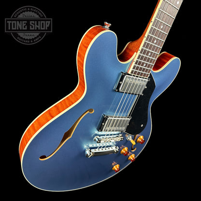 Front angle of Collings I35-LC Pelham Blue Top.