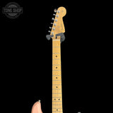 Headstock of Used 2021 Fender Limited Player Stratocaster Shell Pink.