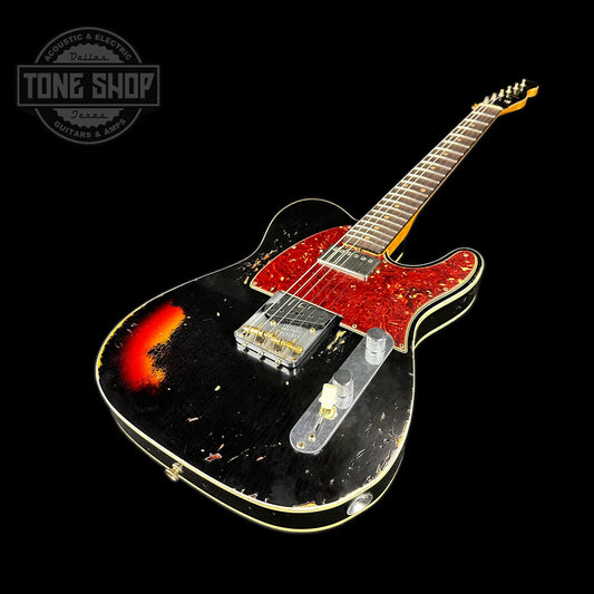 Front angle of Fender Custom Shop Limited Edition Reverse '60 Tele Custom Heavy Relic Aged Black Over 3 Color Sunburst.
