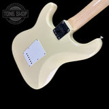 Back angle of Fender 1968 Stratocaster DLX Closet Classic Maple Neck Aged Vintage White.