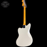 Squier J Mascis Jazzmaster Olympic White electric guitar with a visible brand logo on a black background