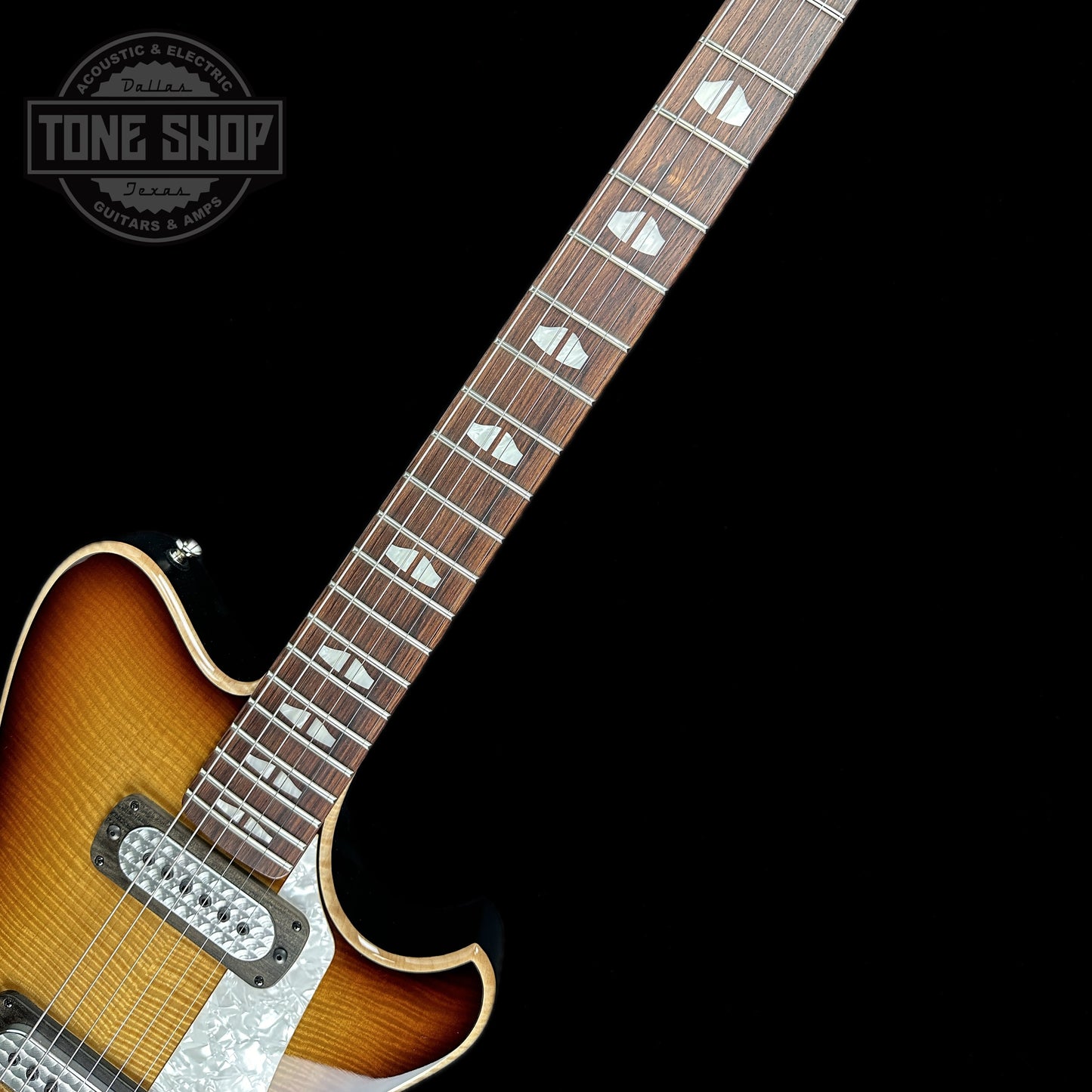 Fretboard of Powers Electric A-Type Select Maple Solana Sunset FF42 Pearl Delrin Warm.