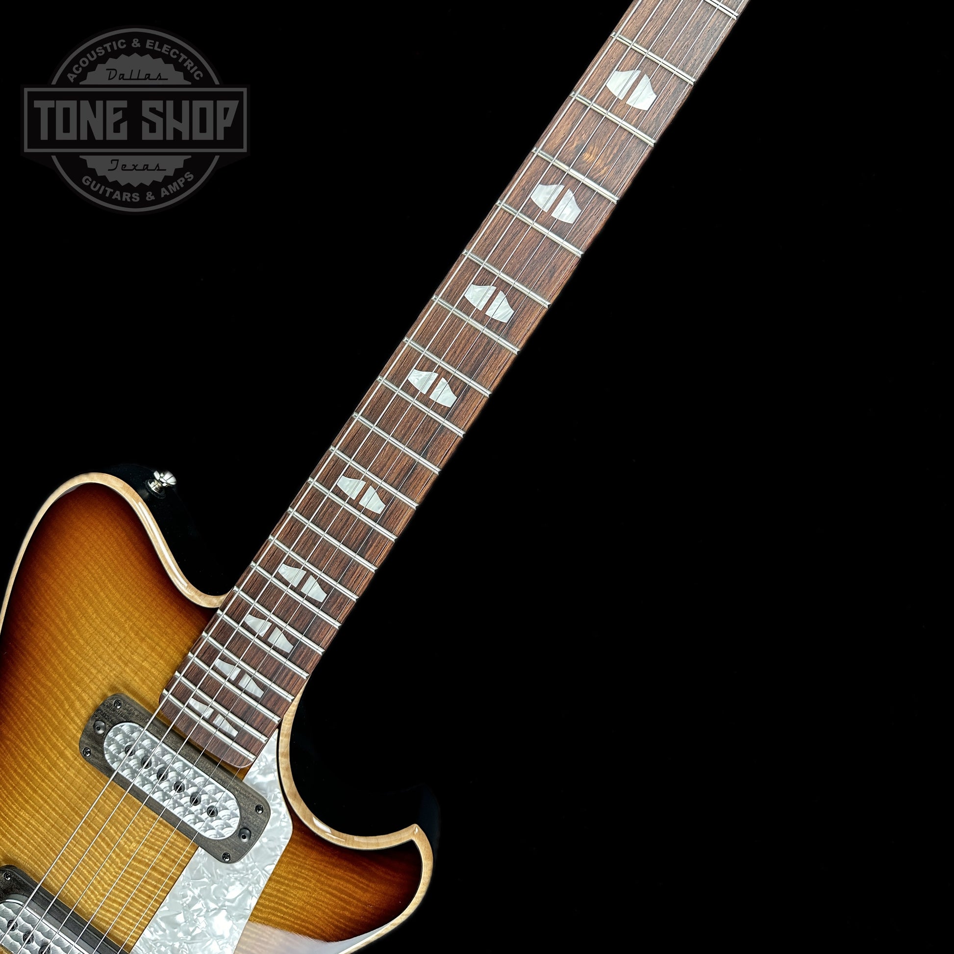 Fretboard of Powers Electric A-Type Select Maple Solana Sunset FF42 Pearl Delrin Warm.
