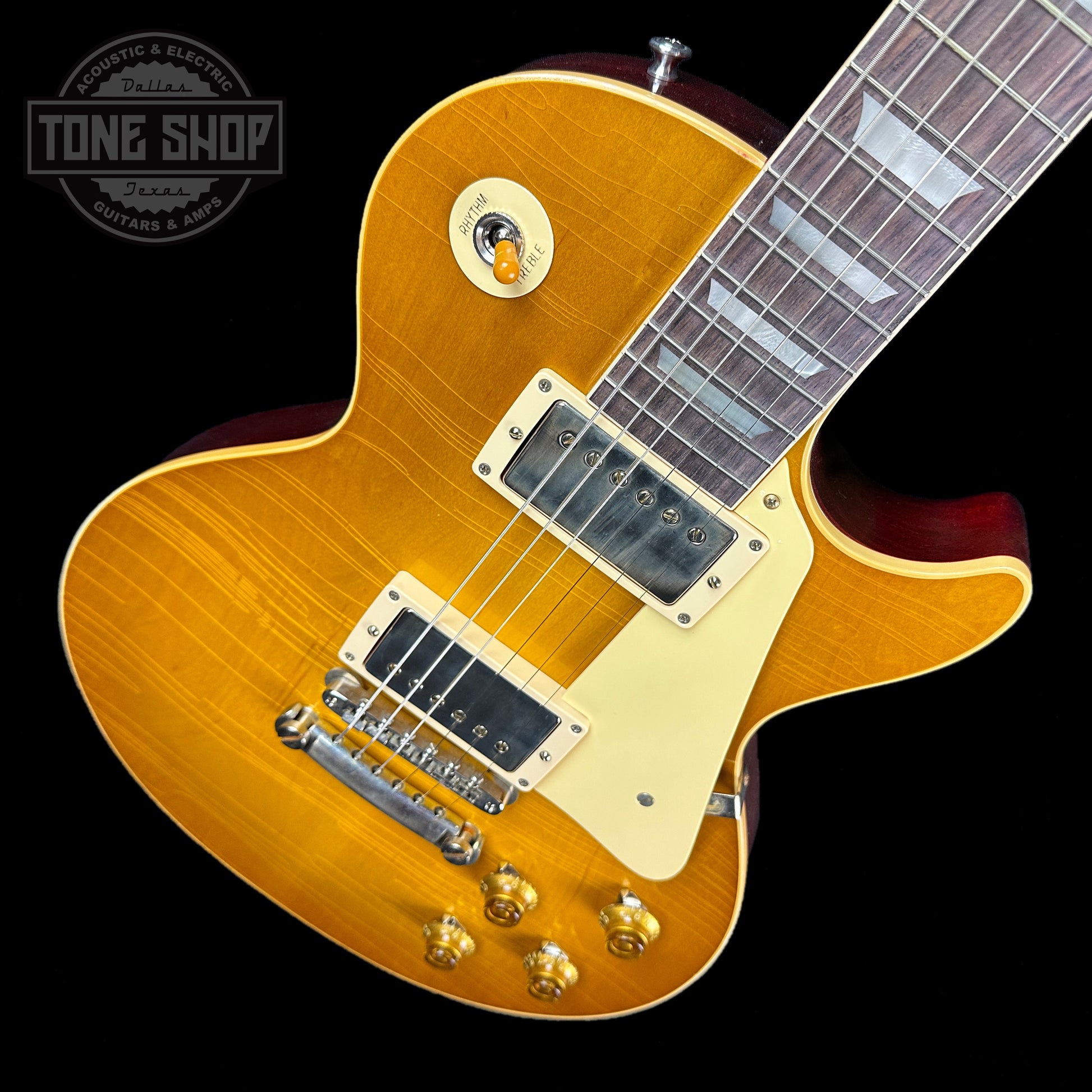 Front angle of Gibson Custom Shop M2M 1958 Les Paul Chambered Murphy Lab Light Aged Lemon Burst.