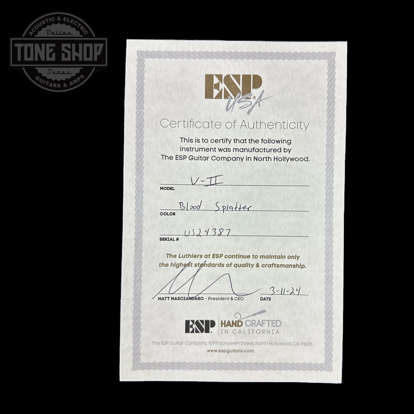 Certificate of authenticity for ESP USA V-II NT Blood Splatter.