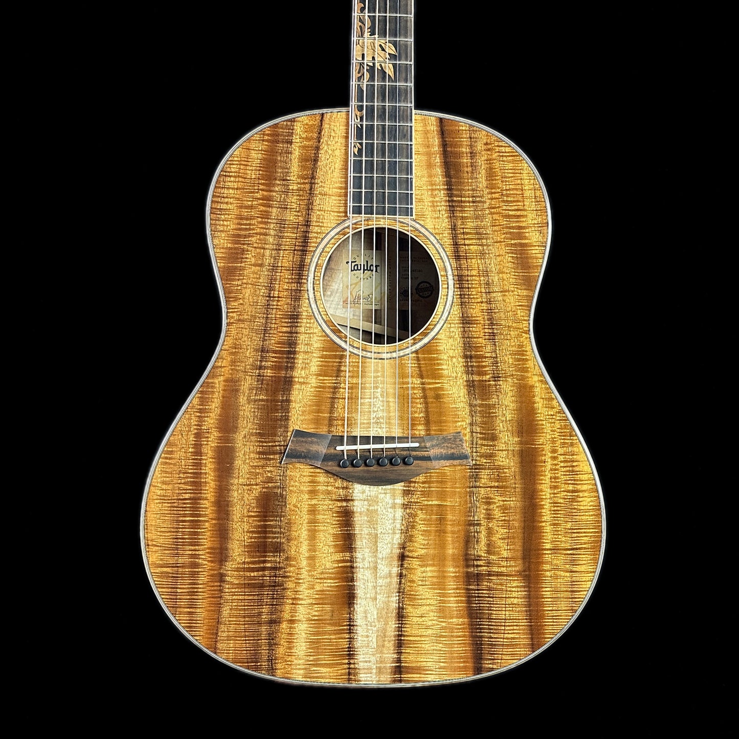 Front of body of Taylor Custom Grand Pacific Highly Figured Koa Tropical Vine #12503.