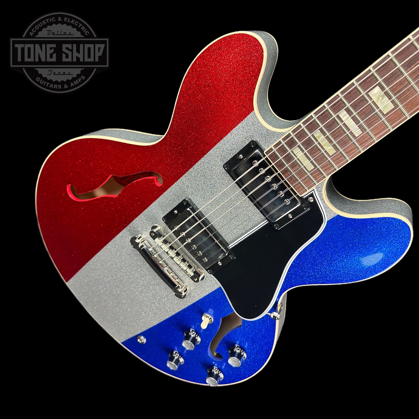 Front angle of Gibson Custom Shop M2M 1964 ES-335 Patriot Sparkle Gloss NH.