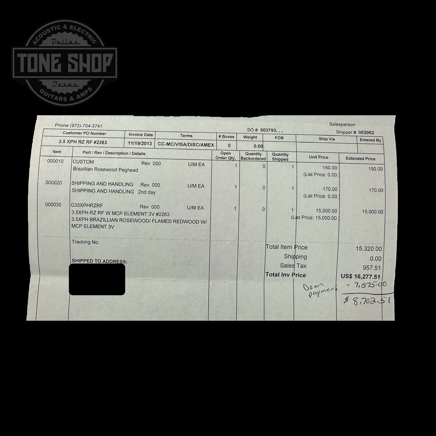 Original invoice for Used McPherson MG-3.5XPH RZ/RF.