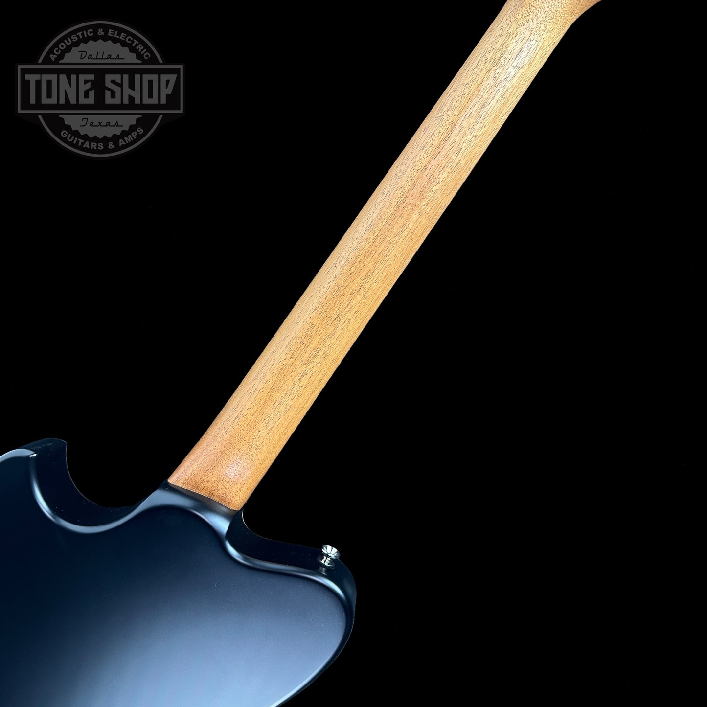 Back of neck of Powers Electric A-Type Select Maple Twilight Blue PF42 Firestripe Ebony Cool.