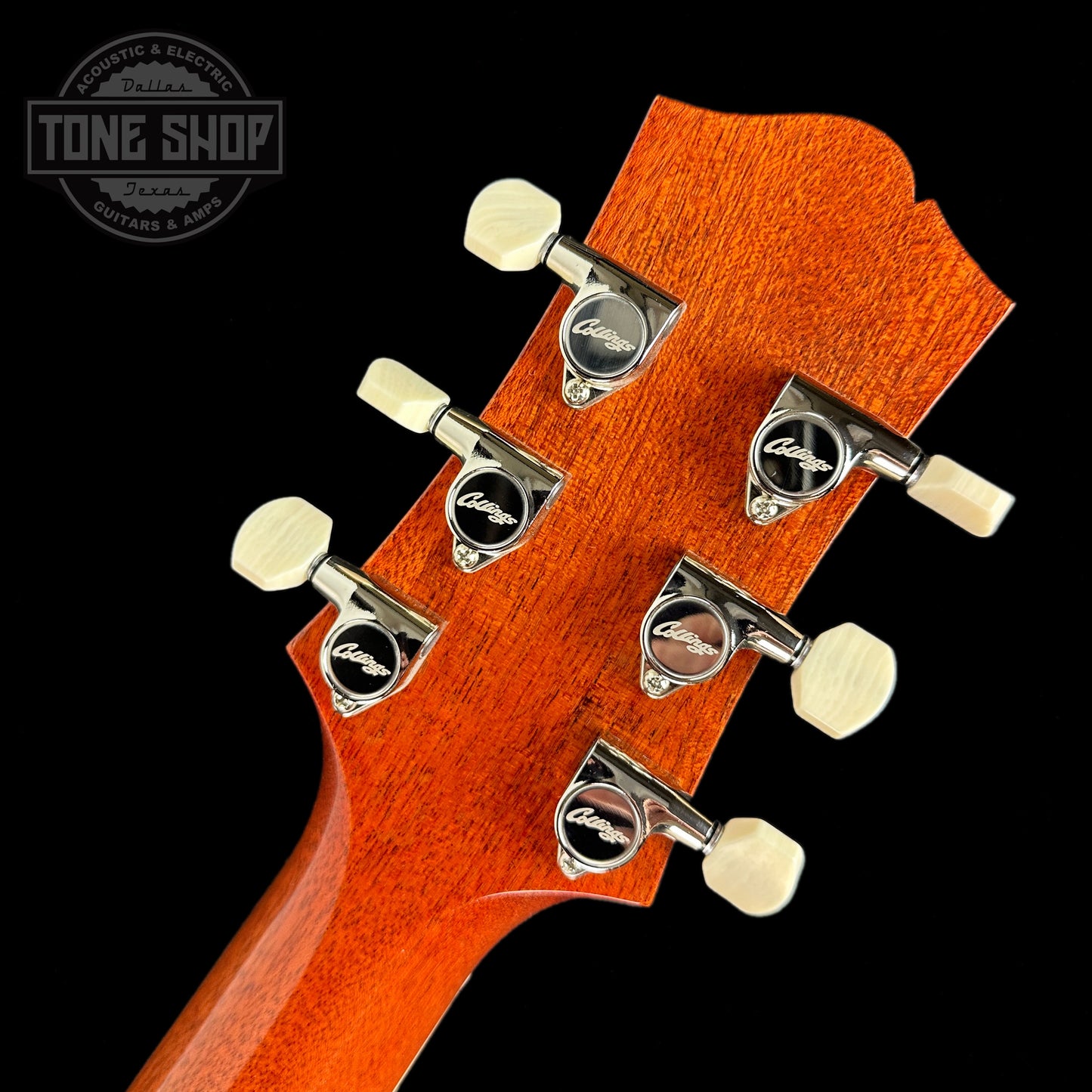 Back of headstock of Collings I35-LC Pelham Blue Top.