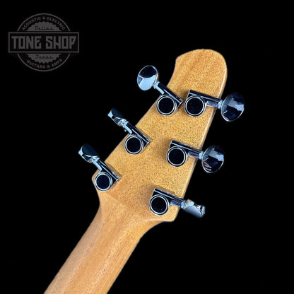 Back of headstock of Powers Electric A-Type Custom Blacktop PF42 Pearl Delrin Neutral Hard Tail.
