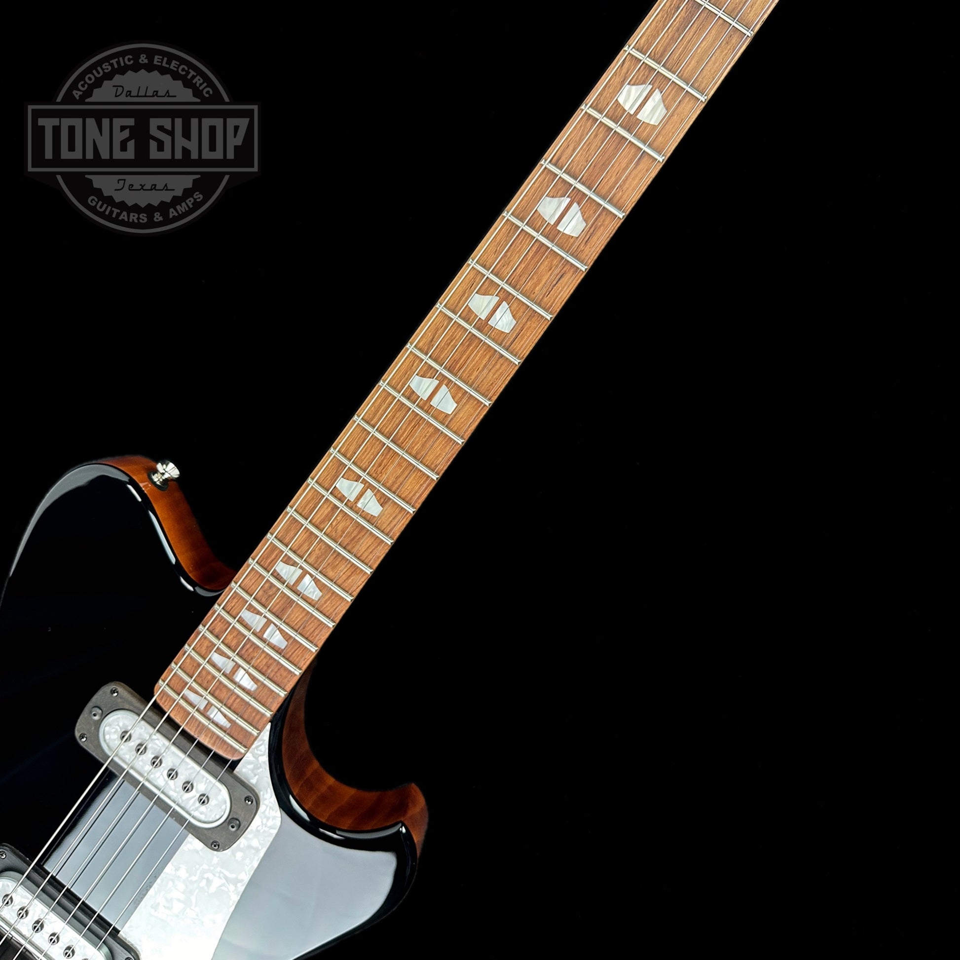 Fretboard of Powers Electric A-Type Custom Blacktop PF42 Pearl Delrin Neutral Hard Tail.