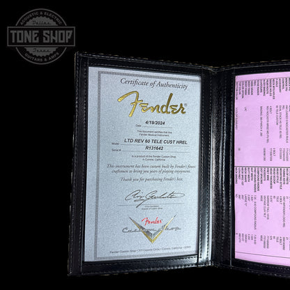 Certificate of authenticity for Fender Custom Shop Limited Edition Reverse 60 Tele Custom Heavy Relic 3 Color Sunburst.
