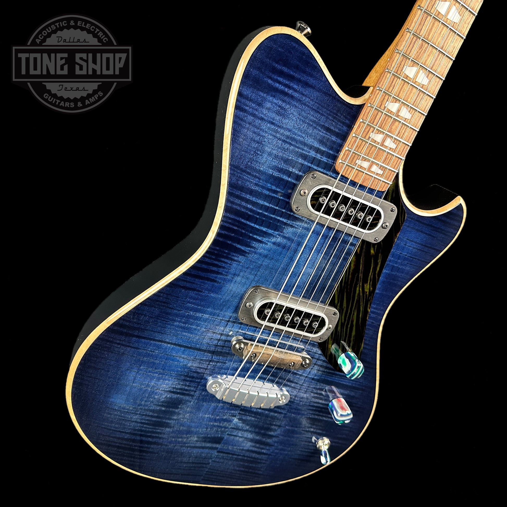 Front angle of Powers Electric A-Type Select Maple Twilight Blue PF42 Firestripe Ebony Cool.