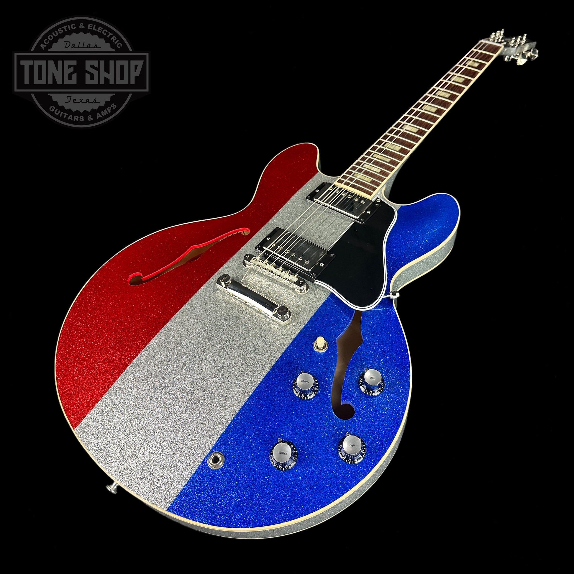 Front angle of Gibson Custom Shop M2M 1964 ES-335 Patriot Sparkle Gloss NH.