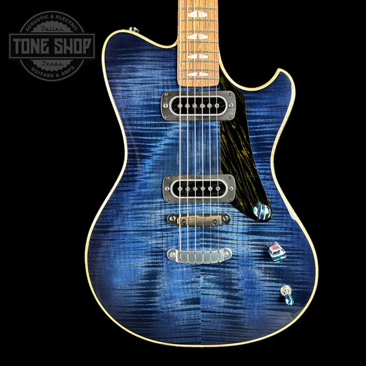 Front of body of Powers Electric A-Type Select Maple Twilight Blue PF42 Firestripe Ebony Cool.