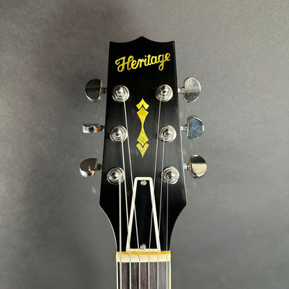 Front of headstock of Used Heritage H-150CC Cadillac Green.