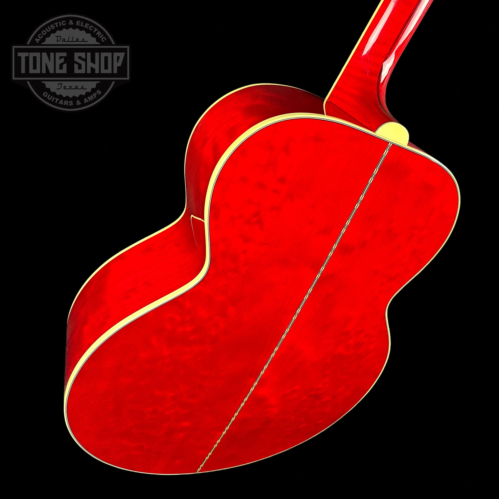 Back angle of Gibson Custom Shop M2M SJ-200 Original Cherry Quilt back and sides.