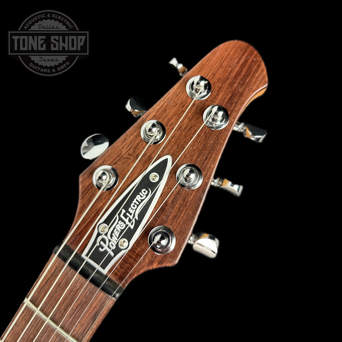 Front of headstock of Powers Electric A-Type Select Maple Solana Sunset FF42 Pearl Delrin Warm.