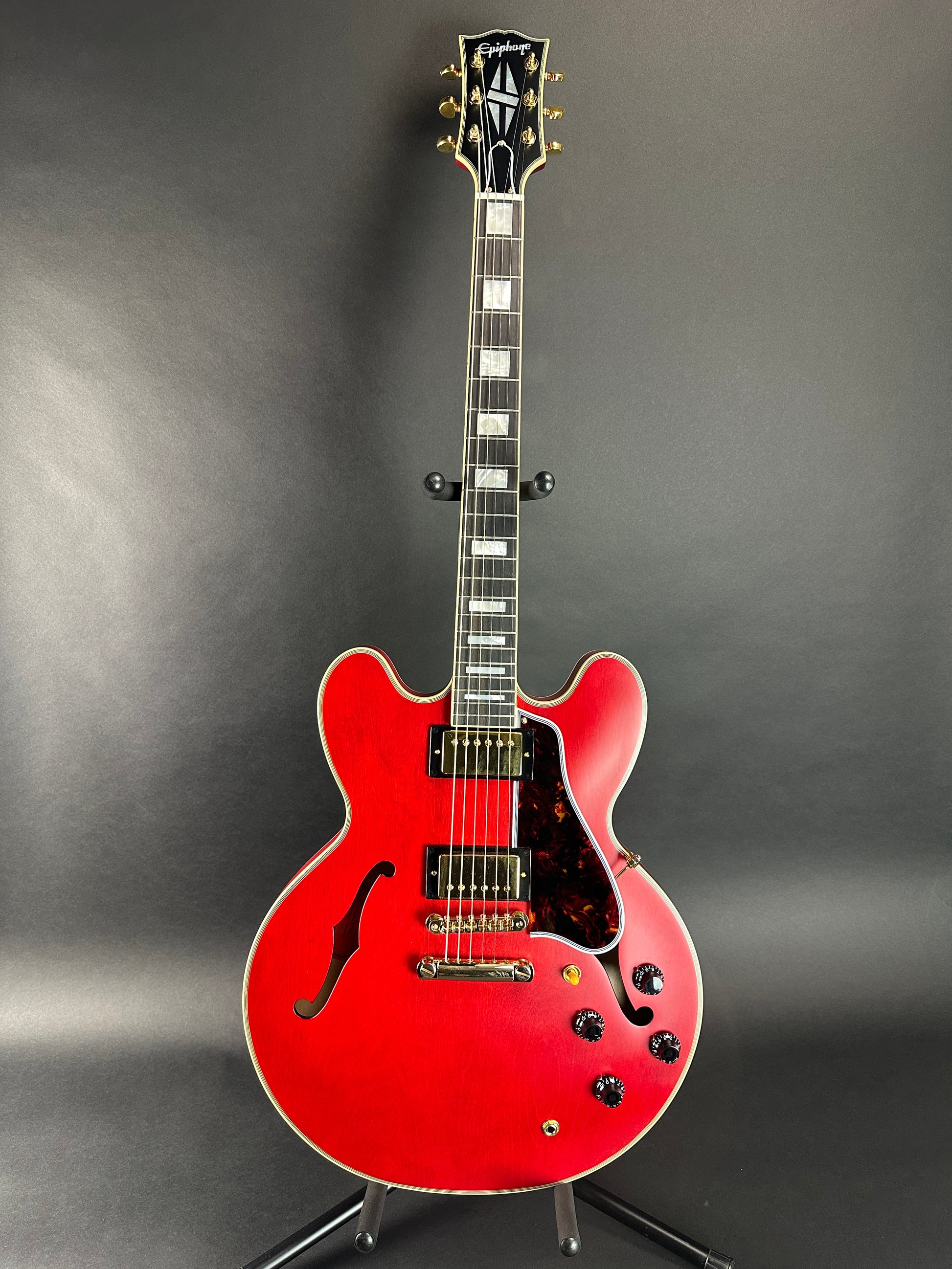 Full front of Used Epiphone "Inspired by Gibson" Custom 1959 ES-355 Cherry Red.