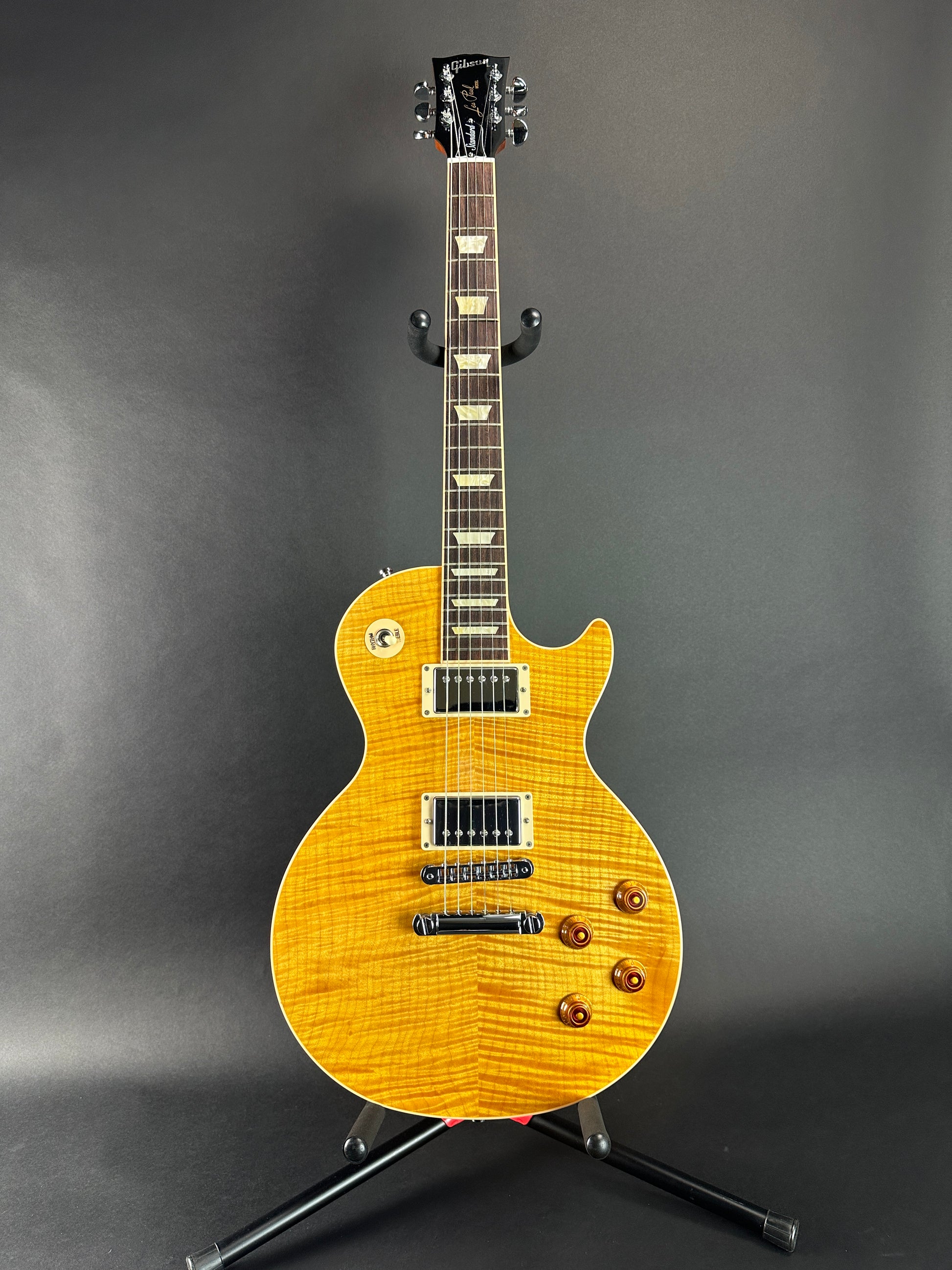 Full front of Used 2012 Gibson Les Paul Standard Flamed Amber.